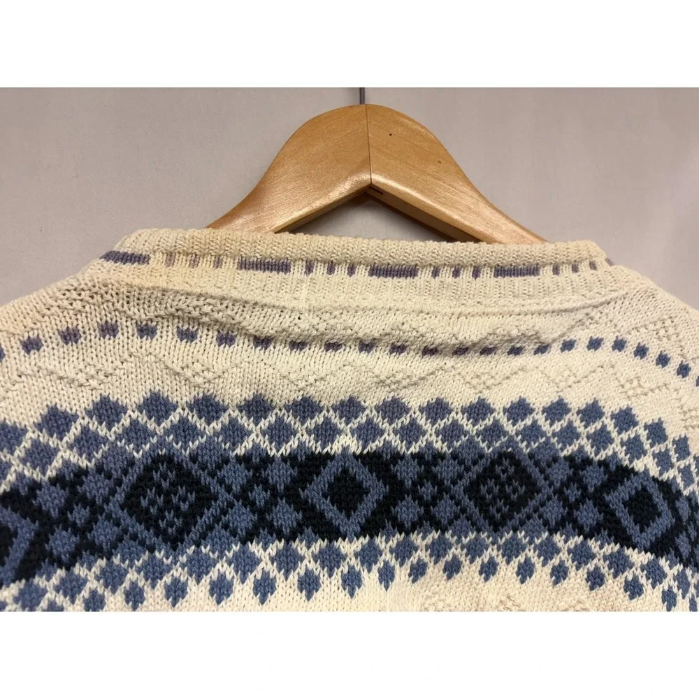 John Weitz Pullover Sweater Men's White Blue Crew‎ Neck Argyle Stripe XL Vintage
